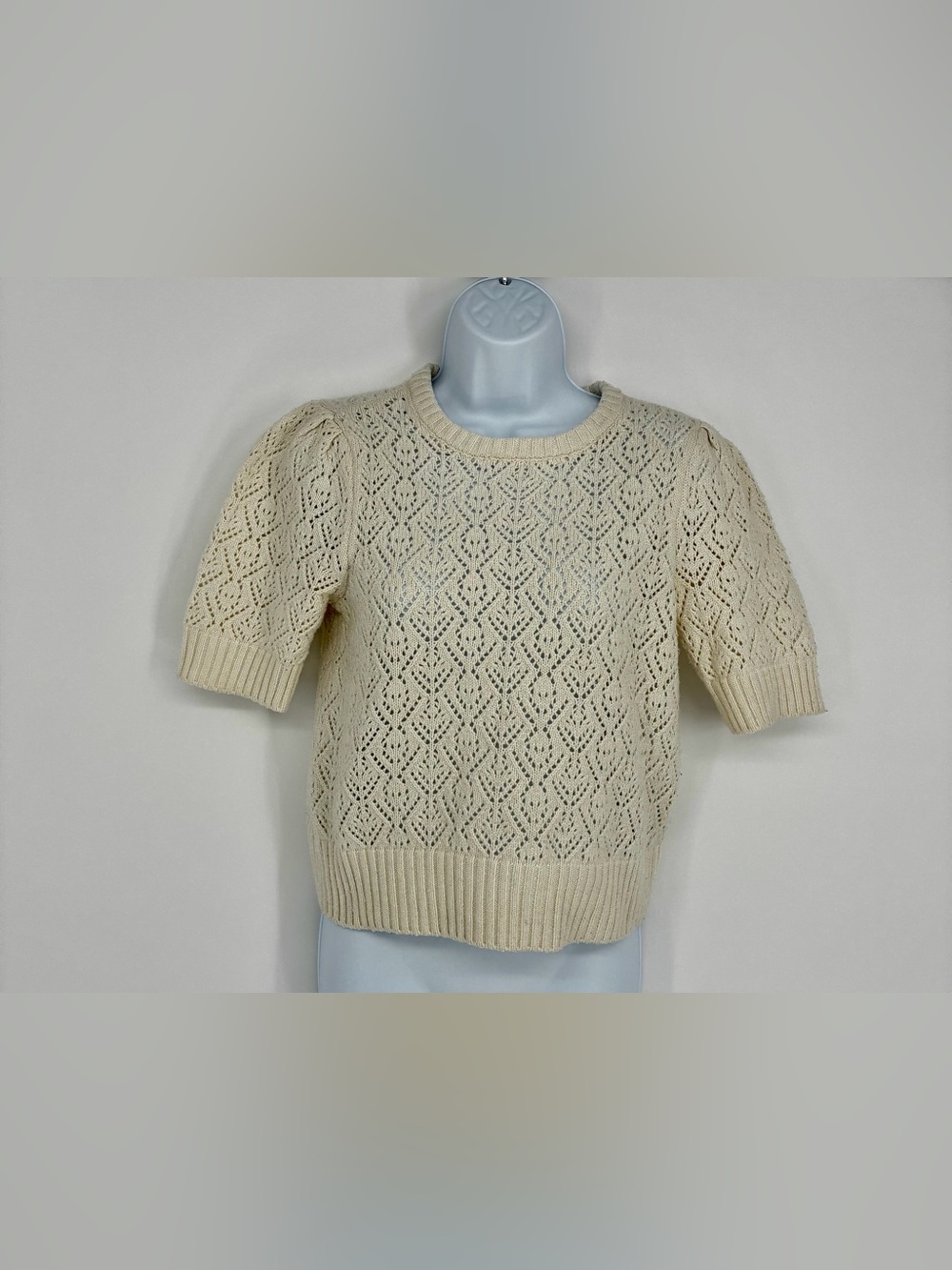 Marled Reunited Clothing Cream Eyelet Open Knit Puff Short Sleeve Sweater S